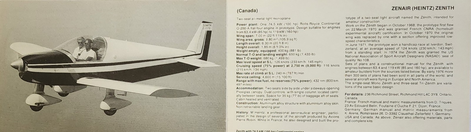 Zenair Zenith Plane Picture Aircraft Info Detail Vtg Original Article Sheet
