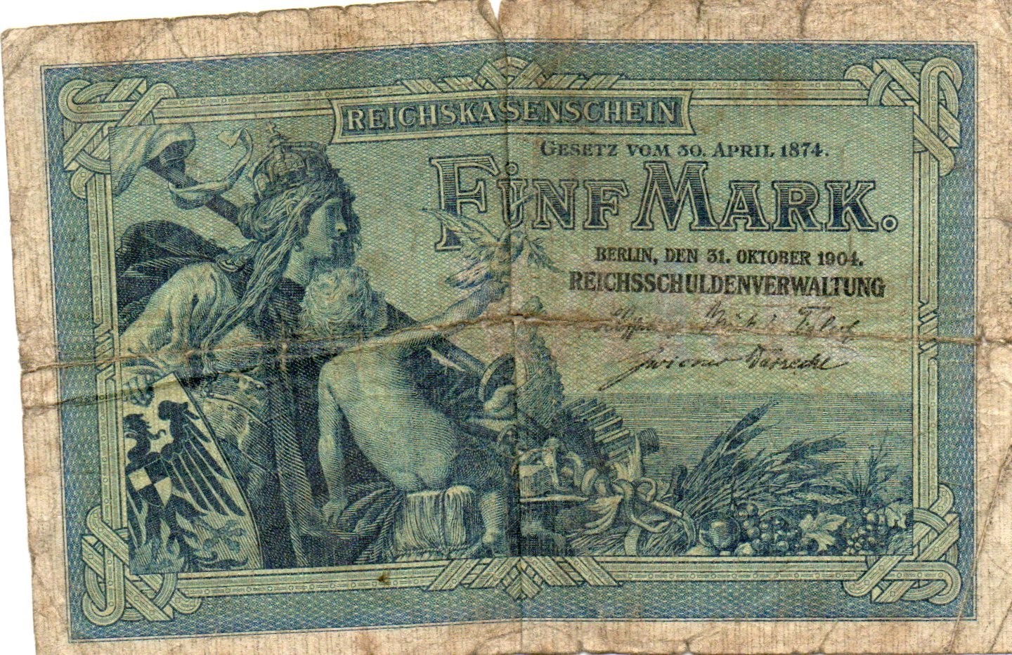 XXX-Rare genuine german 5 Mark empire banknote 1904 more used con !!