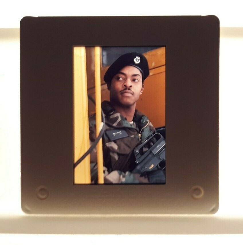 1980's US AIR FORCE 35mm Picture Slide SOLDIER w Gun STERN Look