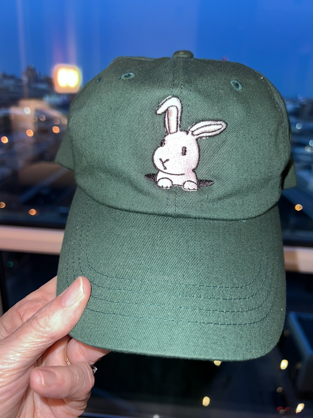 Green w White Rabbit Bunny embroidered hat Strap Buckle  Cotton EUC