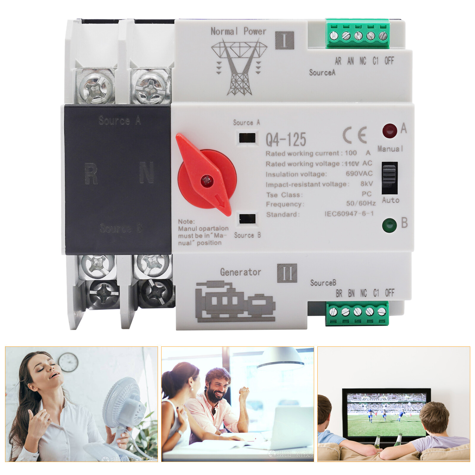 100A Automatic Transfer Switch Dual Power 2P Power Generator Changeover Switch
