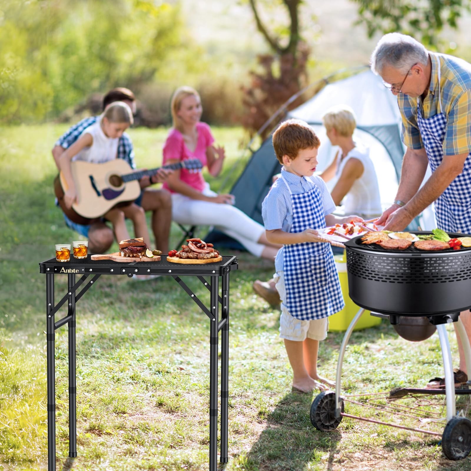 Folding Grill Table, Aluminum Camping Table Adjustable Height Max 27.5" Picni...
