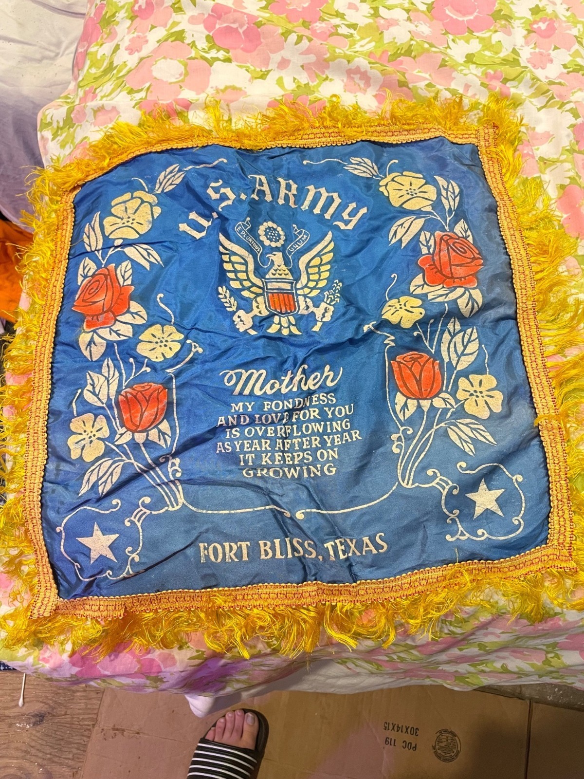 U.S. Army Mother Fort Bliss Texas Decorative Pillow Cover With Yellow Fringe