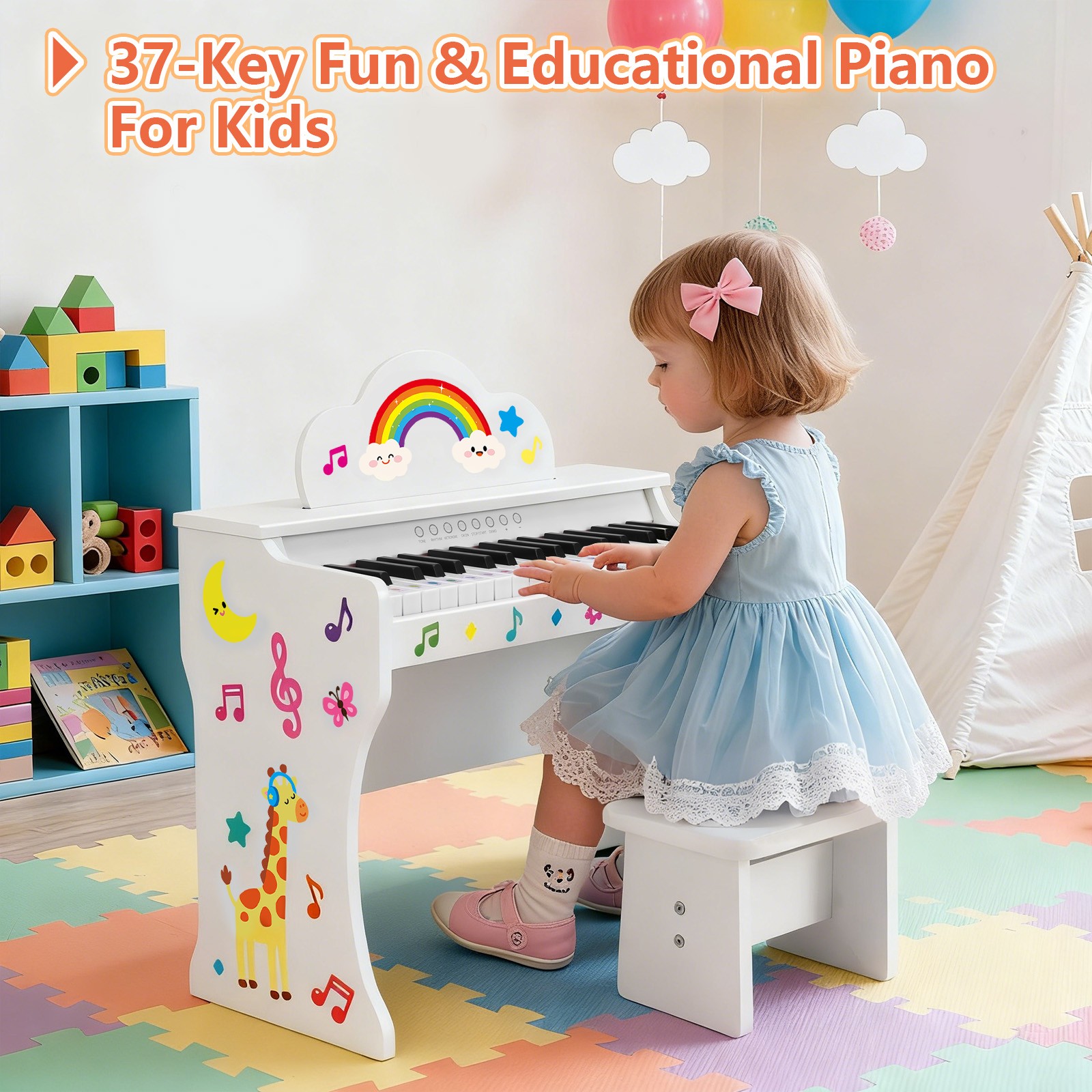 37Key Kids Digital Piano Keyboard Wood Toy Toddler Music Education w/Stool White