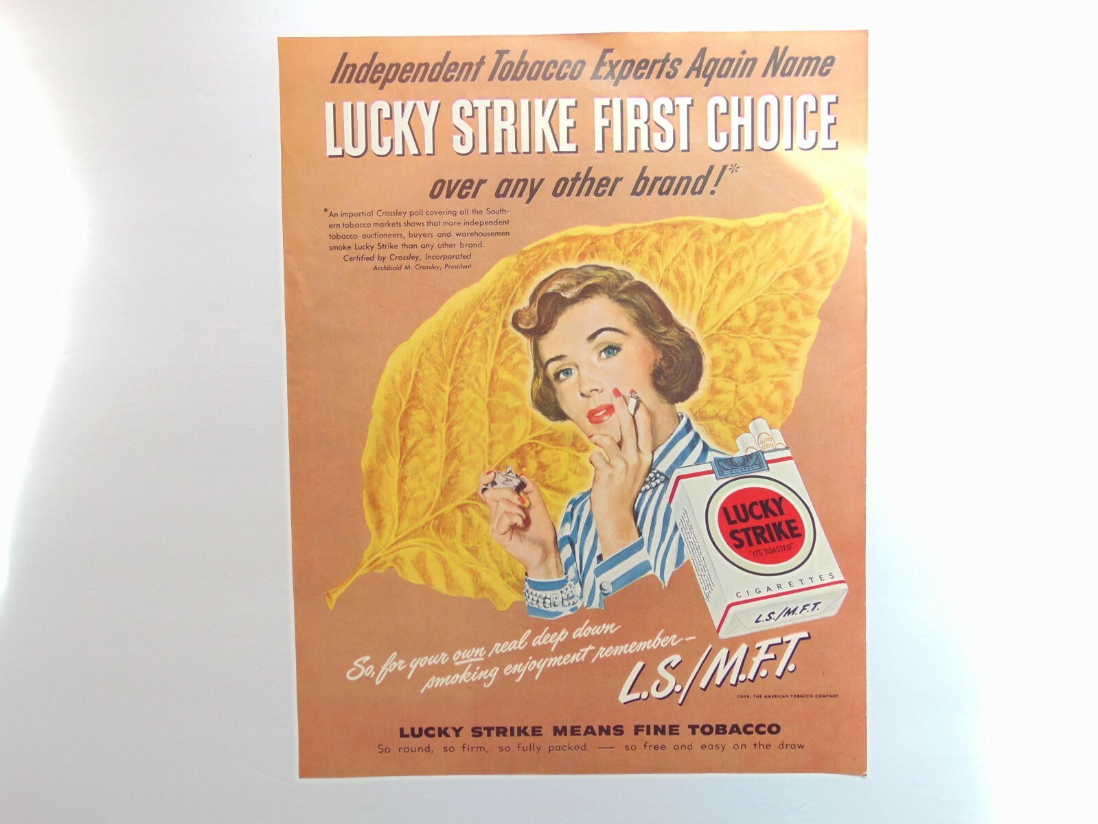 1948 LUCKY STRIKE First Choice Tobacco leaf Woman smokes vintage art print ad