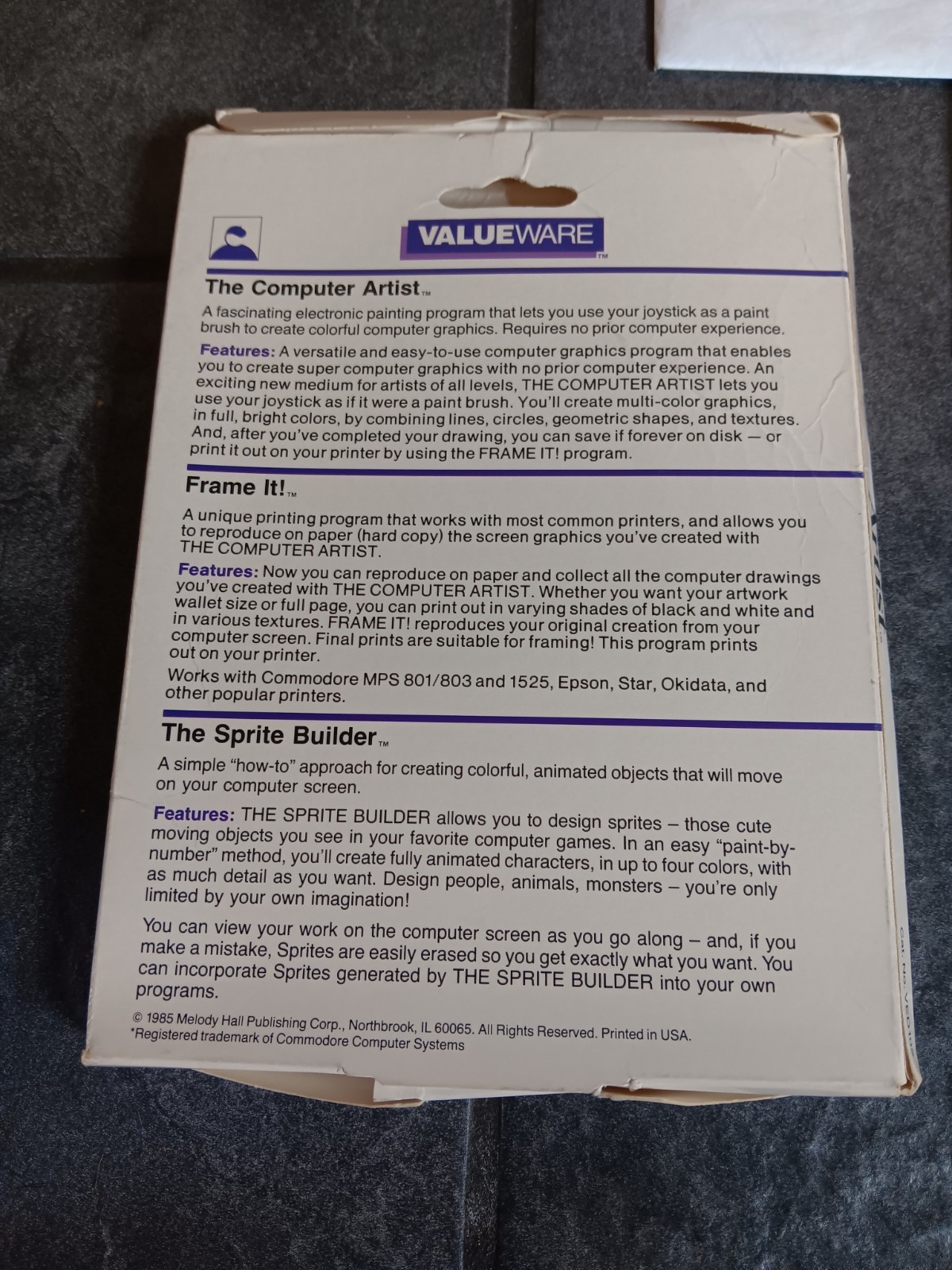 Commodore 64 The Artist Valueware Software Tested/Works Box Damage