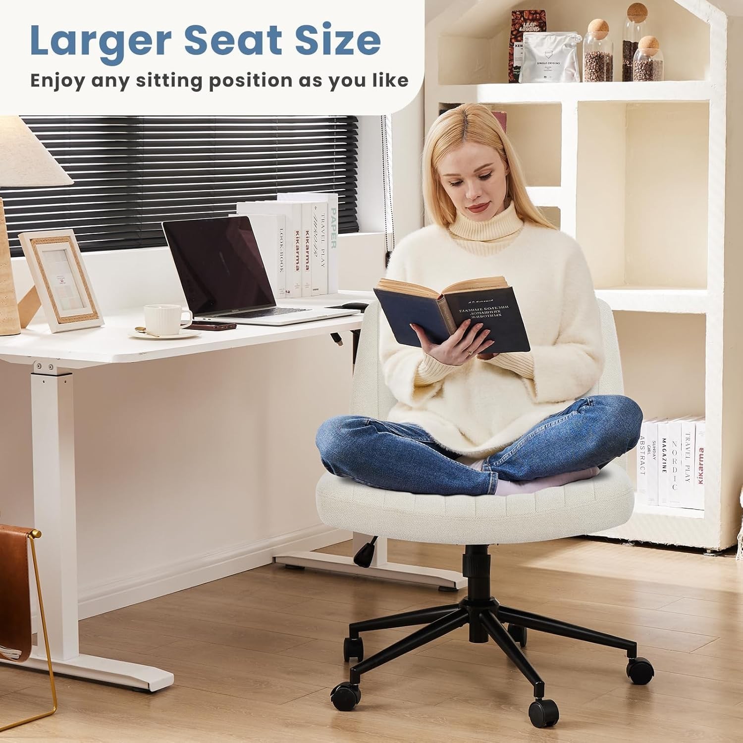 Criss Cross Chair W/ Wheels Wide Cross Legged Office Desk Vanity Chairs Fabric