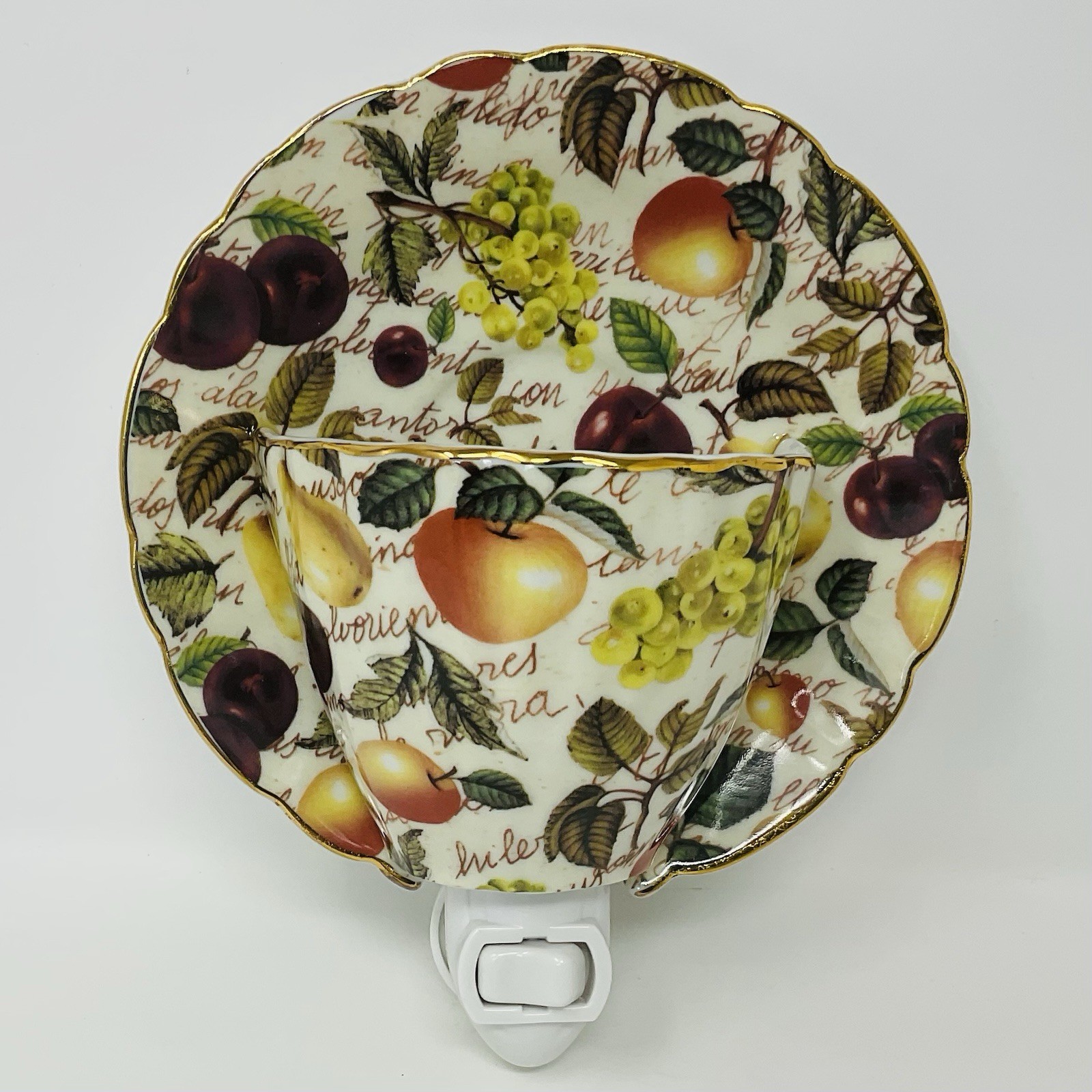 Baum Bros Formalities Night Light Tea Cup & Saucer Fruit Pattern Gold Rim Dining