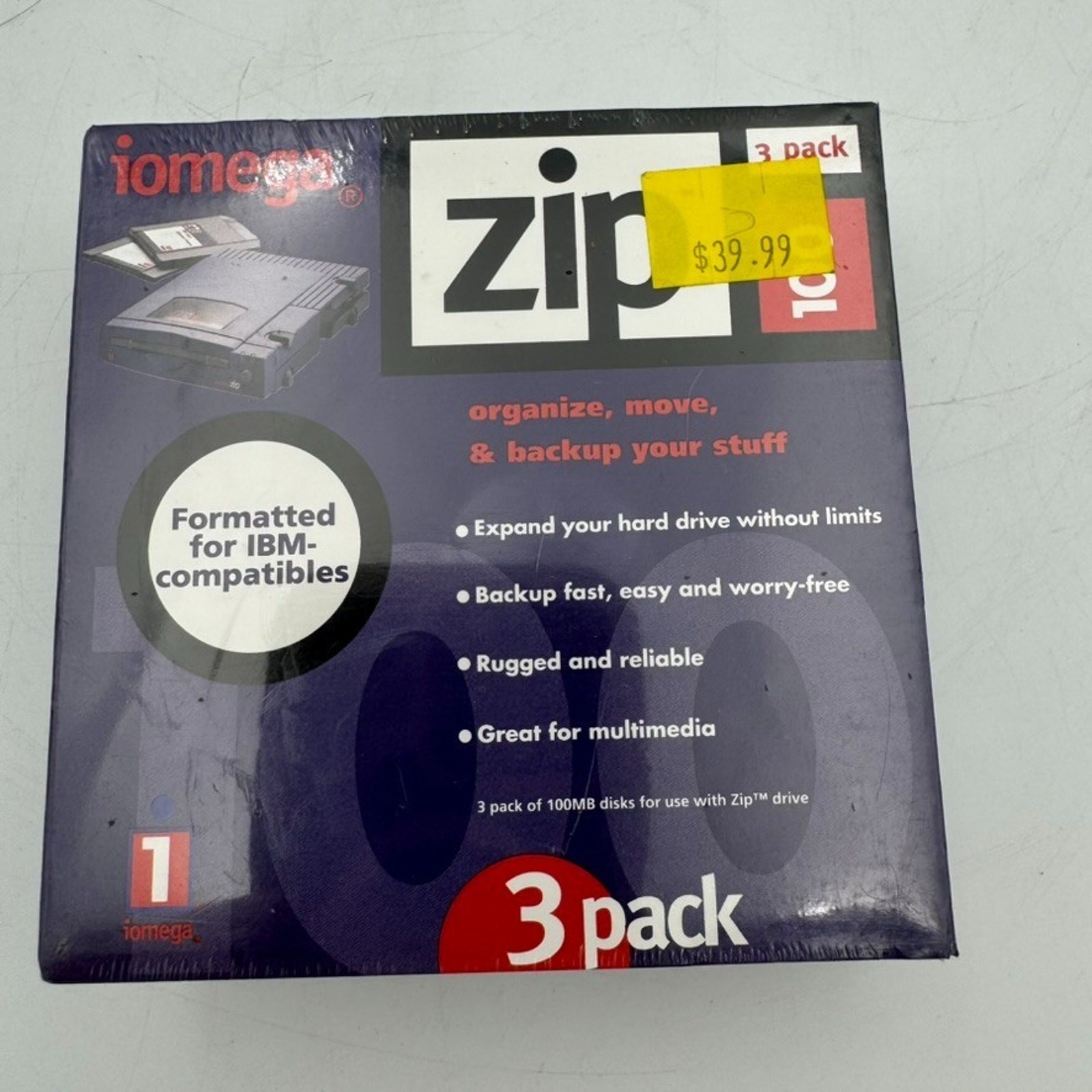 New Sealed iomega Zip 100 3-Pack 100MB Disks Formatted for IBM Compatibles