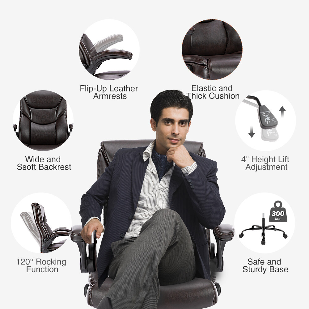 Ergonomic PU Leather Executive Office Chair with Flip-up Armrests Desk Chair