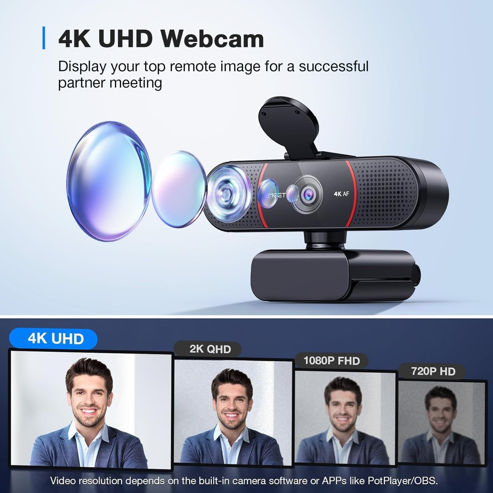 4K Webcam with Auto Focus, Dual Mics, Privacy Cover, USB Plug & Play for Zoom/Te