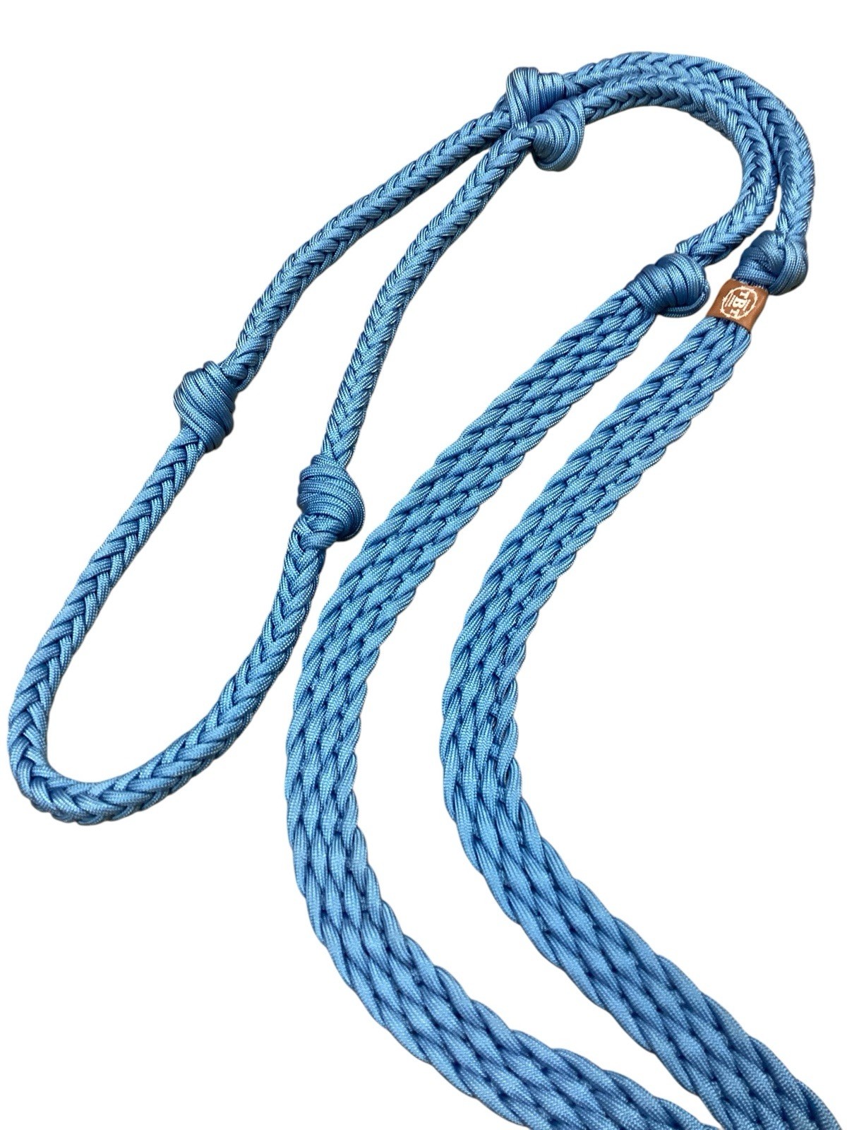 Light blue barrel rein with grip knots