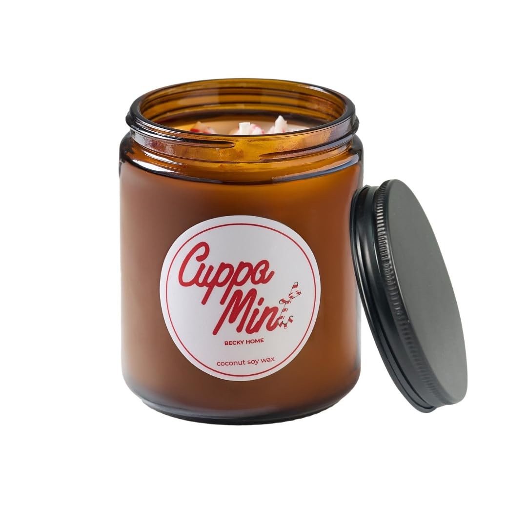 Becky Home Peppermint Candle, Christmas 9oz Jar, Holiday Glass Amber