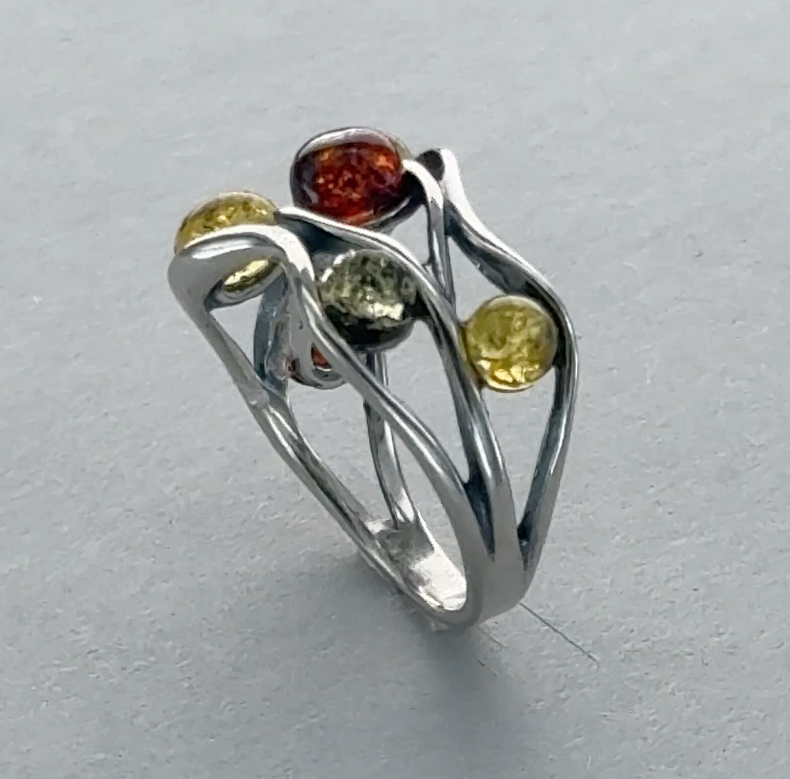 Round Multi-Color BALTIC AMBER Rectangle Ring - 925 STERLING SILVER Poland #87e