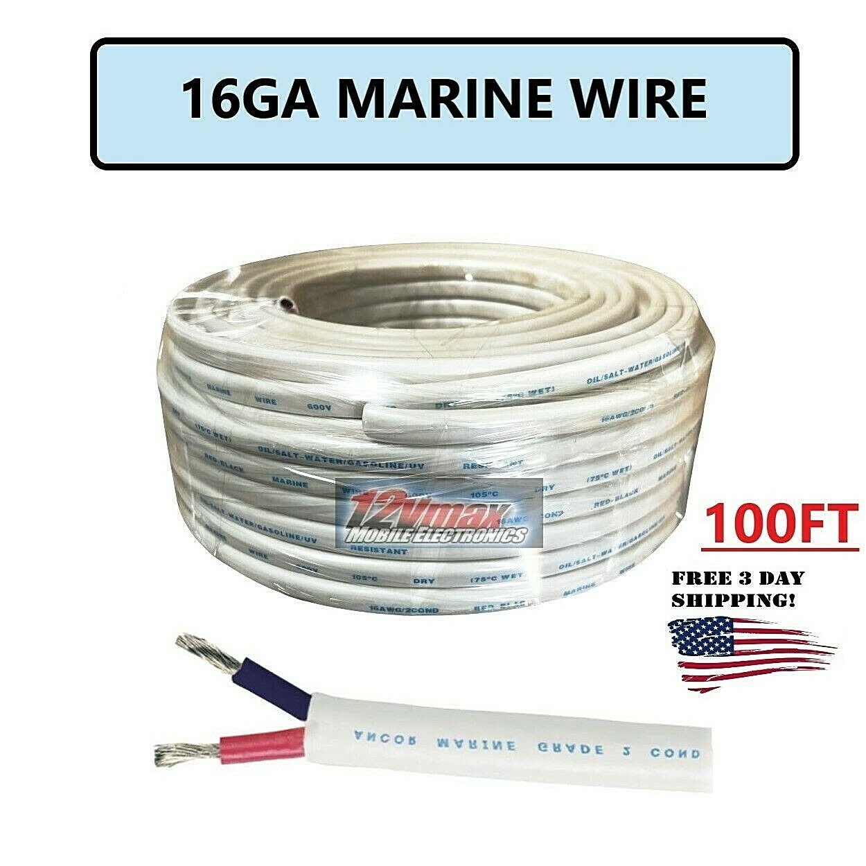 16Ga Marine Shielded Wire Zip Cable Boat 100% Copper OFC Wire 16/2 Gauge 100ft