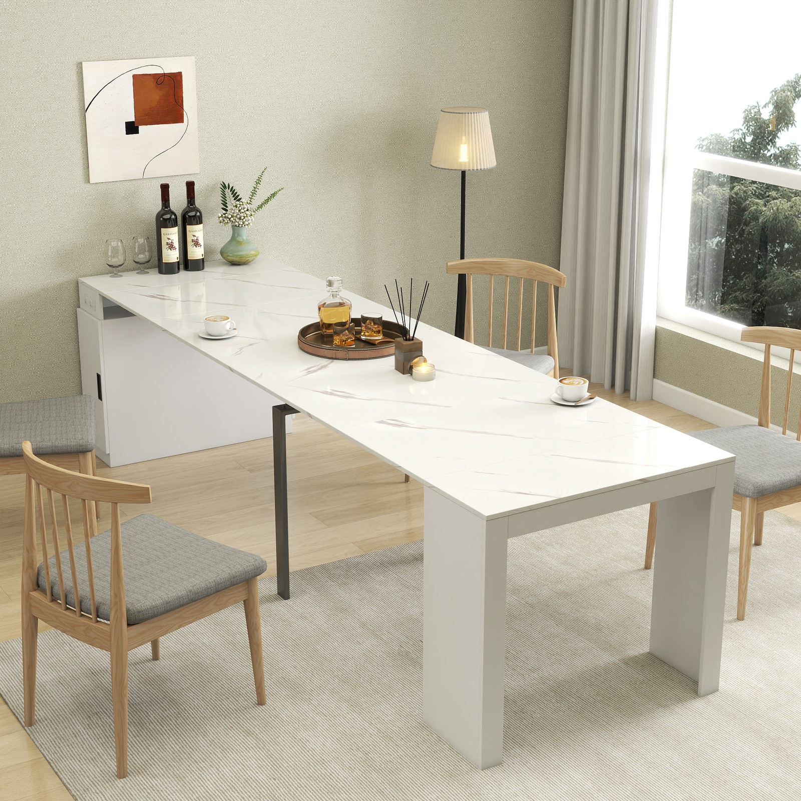 Modern Multifunctional Extendable Dining Table with Outlet, Space Saving Table