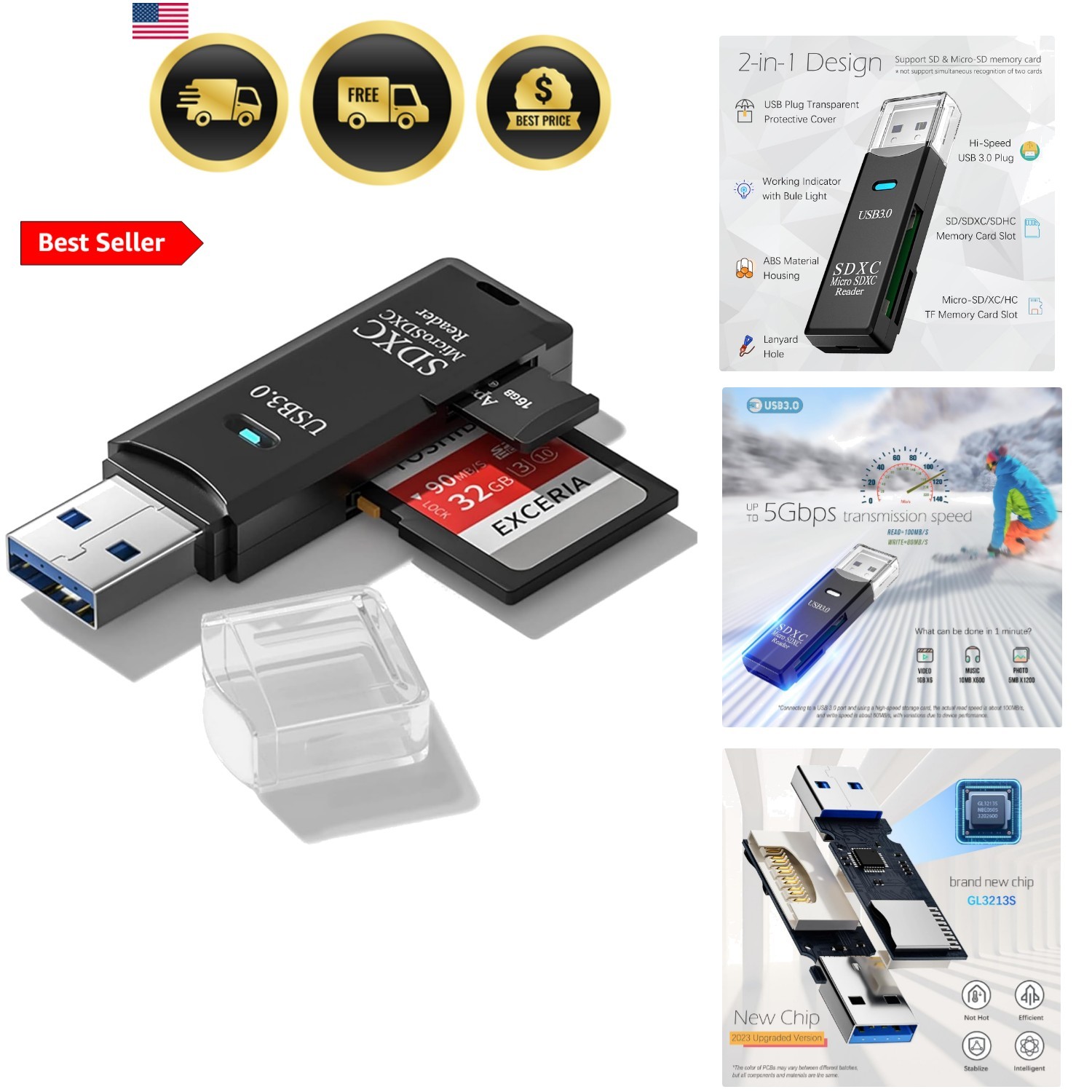 0 Micro SD Card Reader, 5Gbps 2-in-1 SD Card Reader to USB Adapter, Memory Ca...
