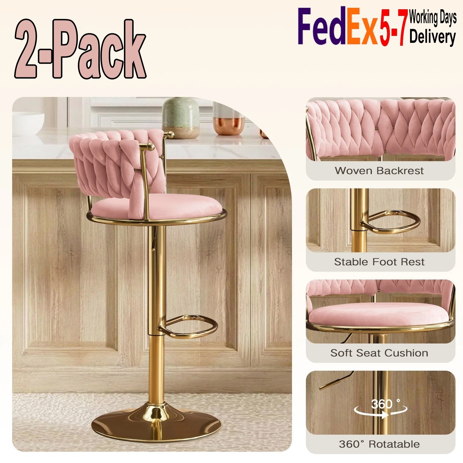 Bar Stools,Set of 2,Adjustable Counter Kitchen Dining Swivel Velvet Back Chairs