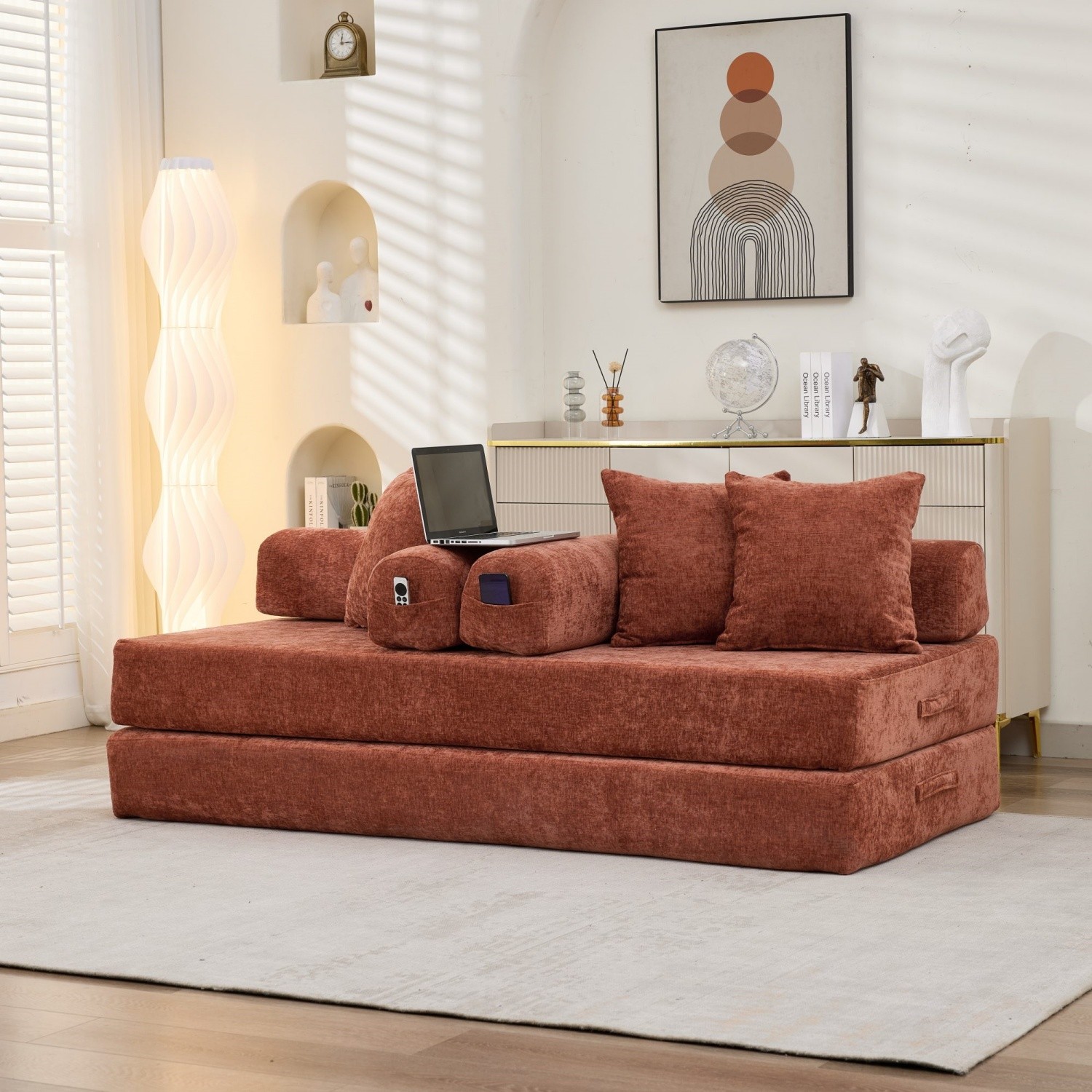 Modern Convertible Floor Sofa Bed Folding Mattress Couch with Armrests & Pillows