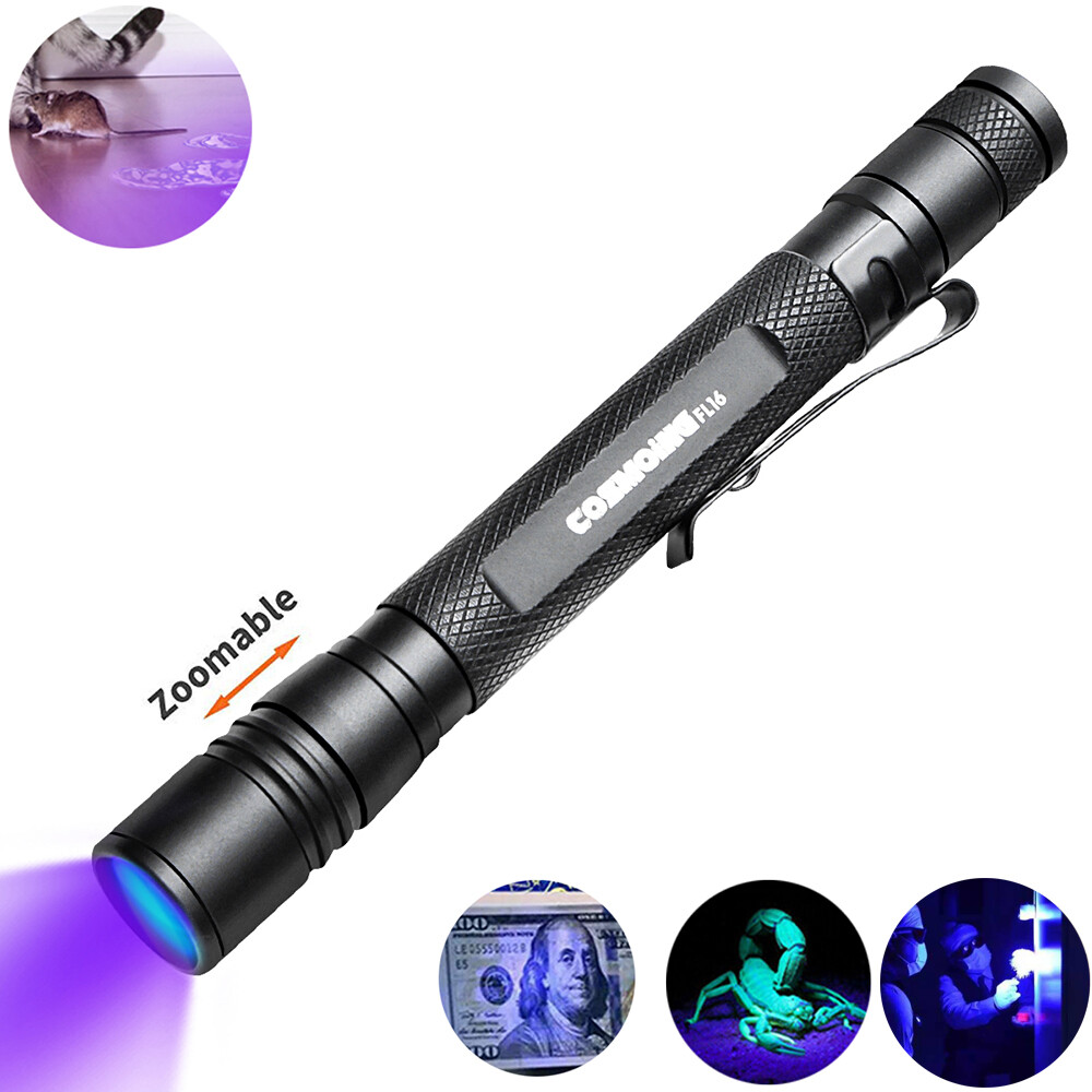 Zoomable 395nm UV Light Penlight Scalable Clip Blacklight Flashlight Torch