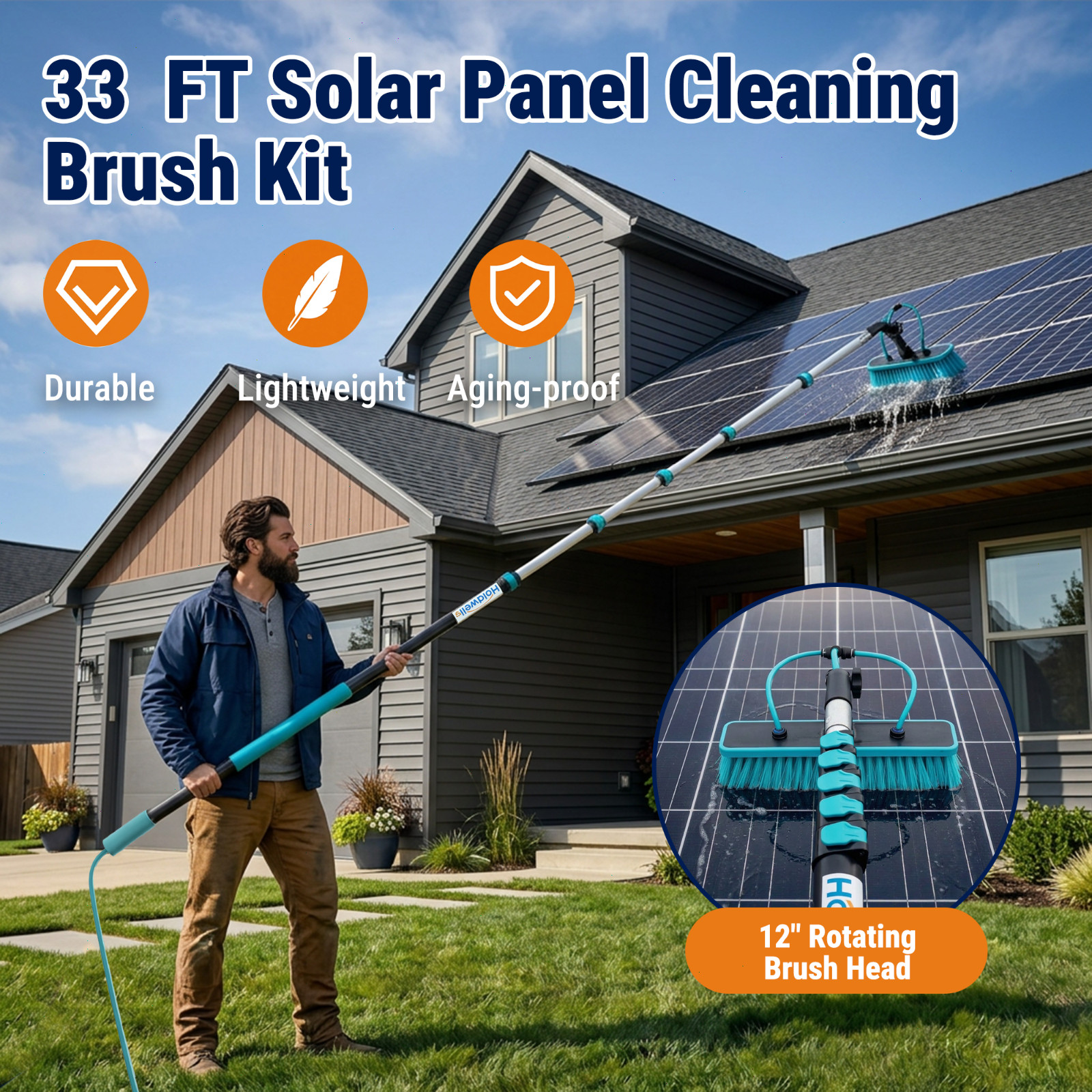 33FT Water Fed Pole Cleaning Kit with Extendable Pole, 180° Rotatable Head