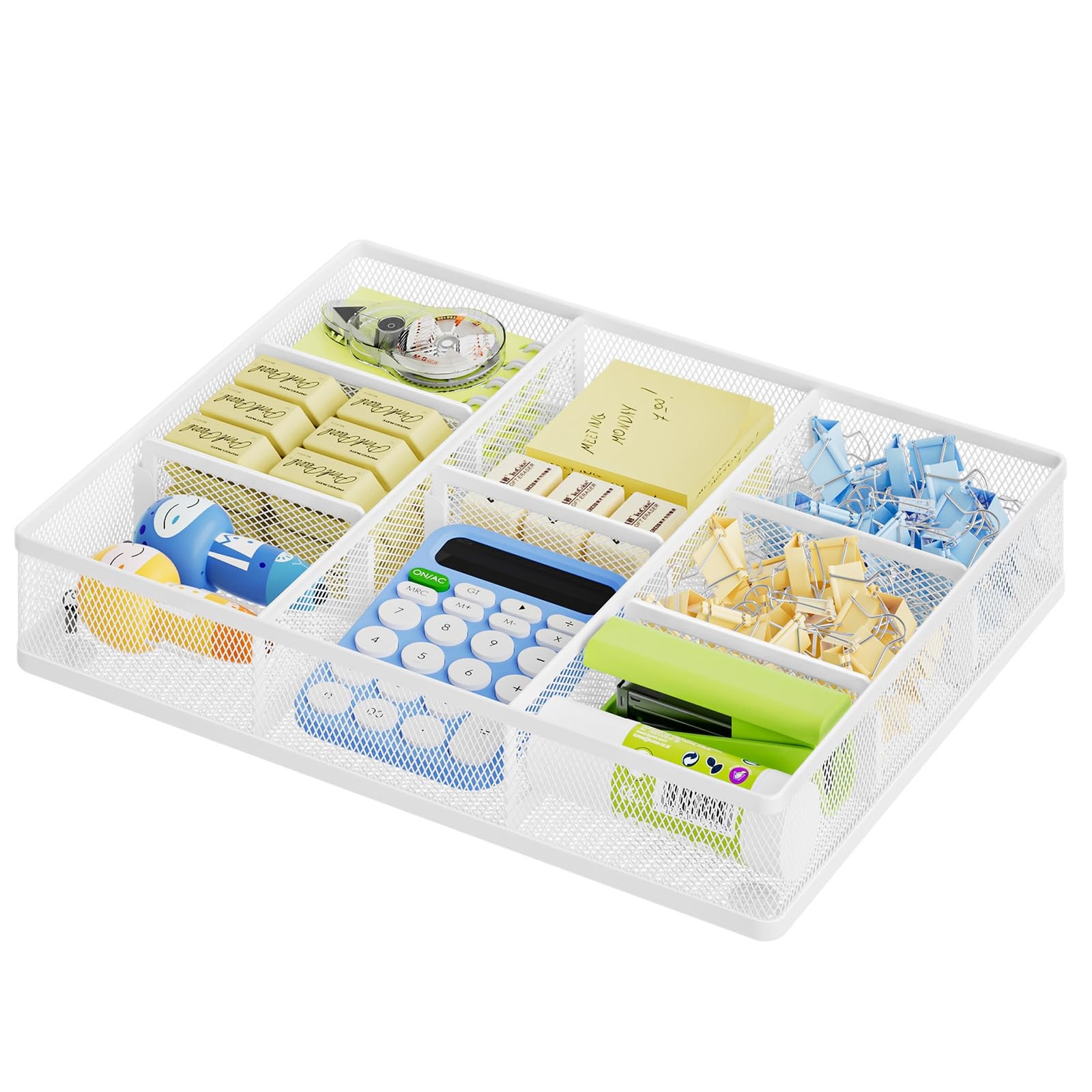 Metal Mesh Desk Drawer Organizer Tray, 5 Adjustable Compartments, White