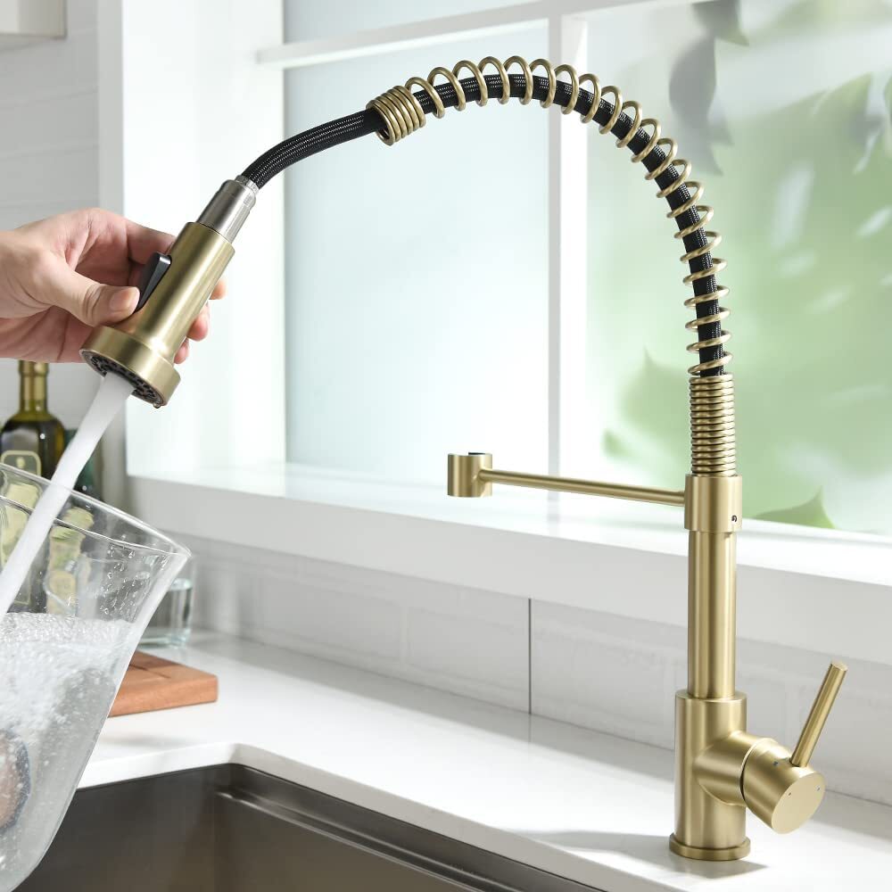 Brushed Gold Kitchen Faucet with Pull Down Sprayer Single Handle Spring Faucet