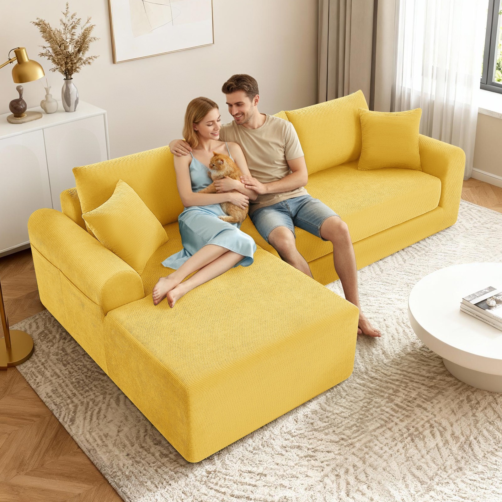 L-Shaped Corduroy Sectional Sofa Modern Modular Corner Couch with Chaise Lounge
