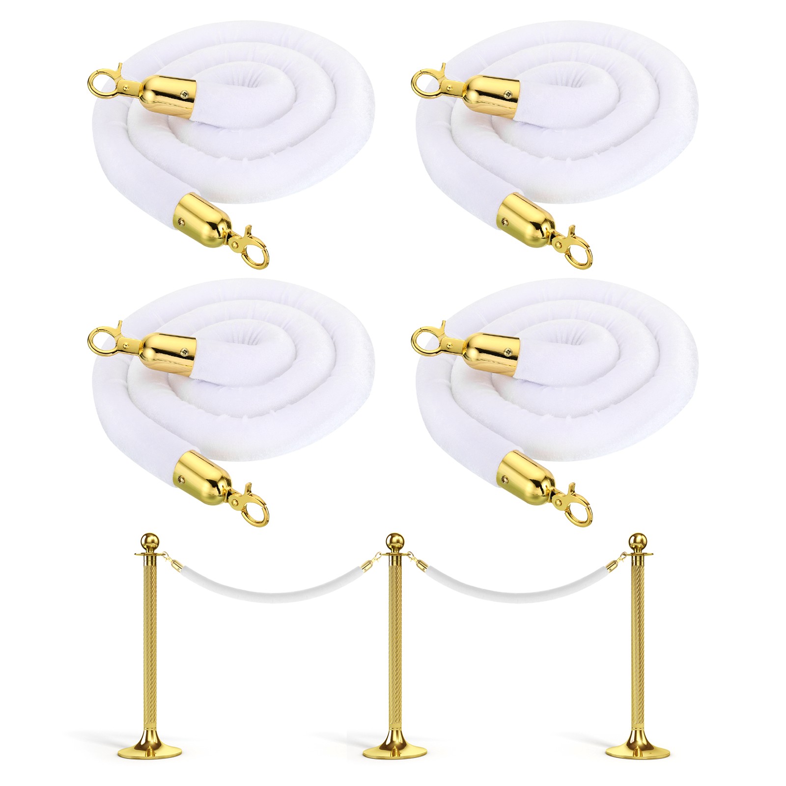 4Pcs 5Ft White Velvet Stanchion Rope Crowd Control Barrier Rope Golden