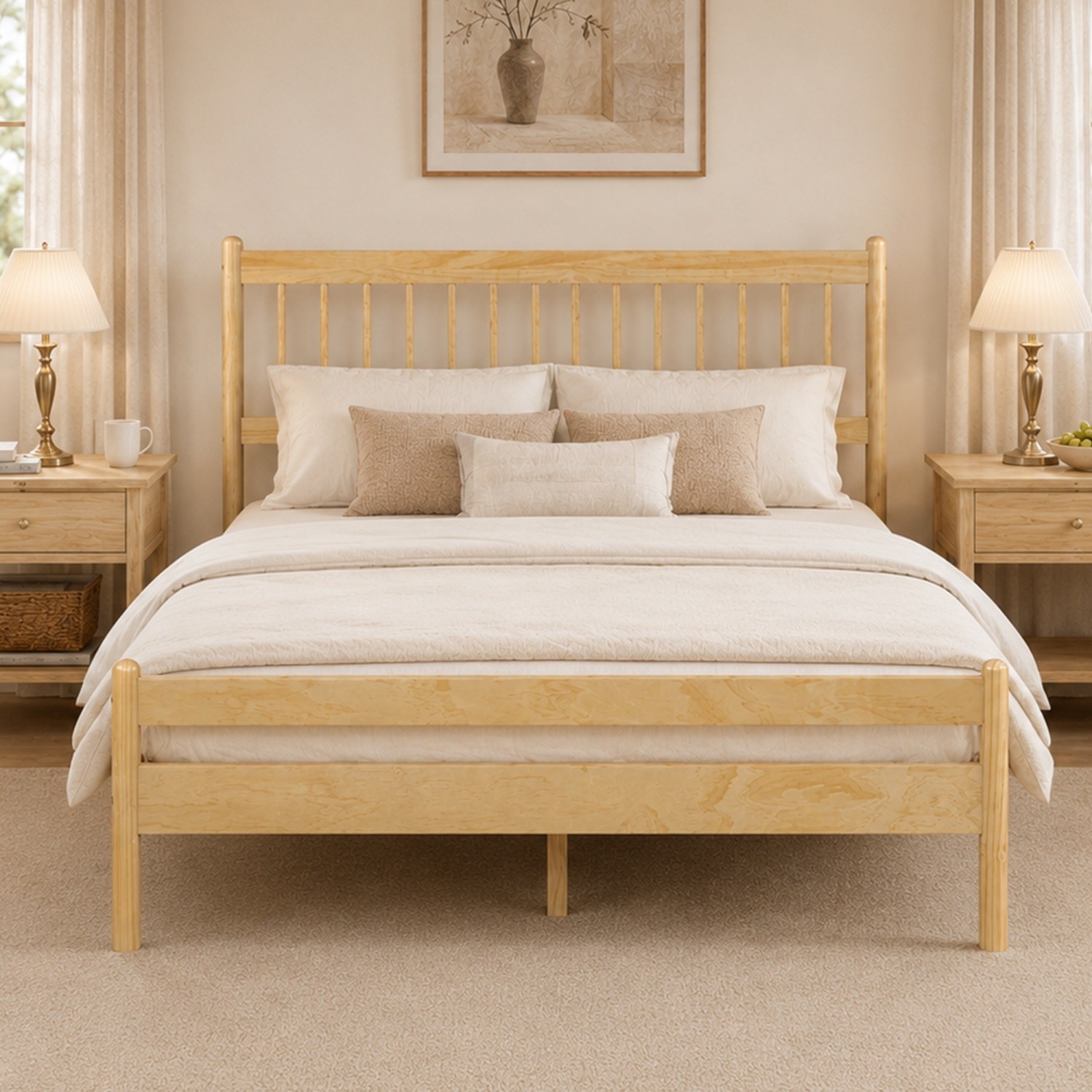 Queen Size Solid Wood Bed Frame w/ Headboard & Footboard No Box Spring Needed