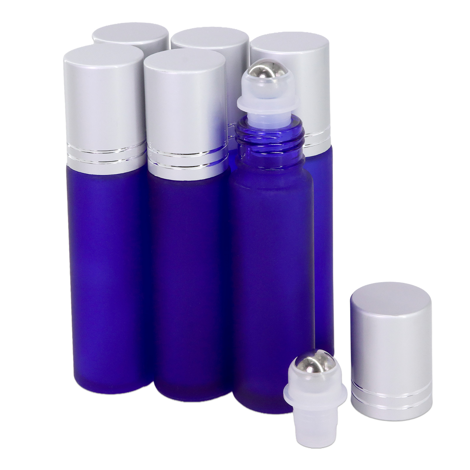 6pcs 10ML Frosted Blue Glass Roller Bottles with Steel Ball and Silver Cap