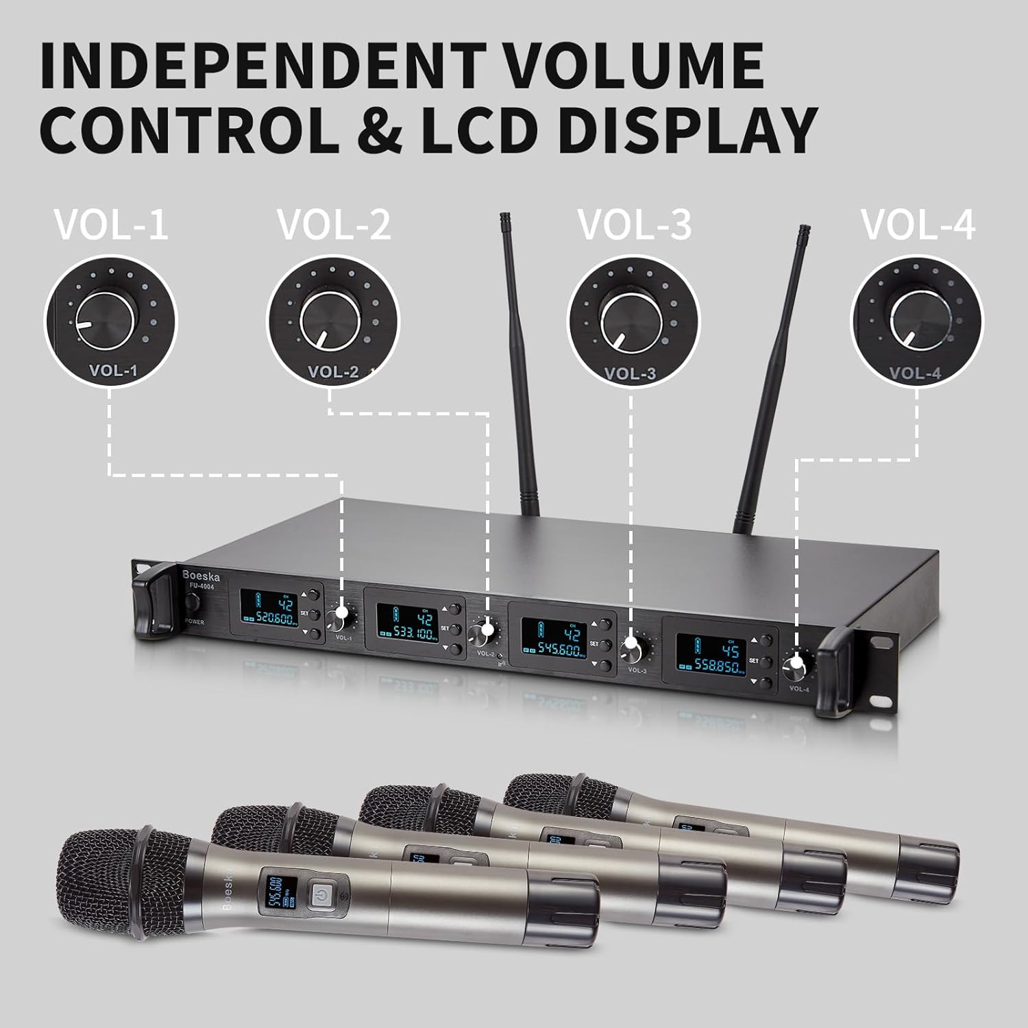 4-Channel UHF Wireless Microphone System with 4 Handheld Mics, 200Ft Range