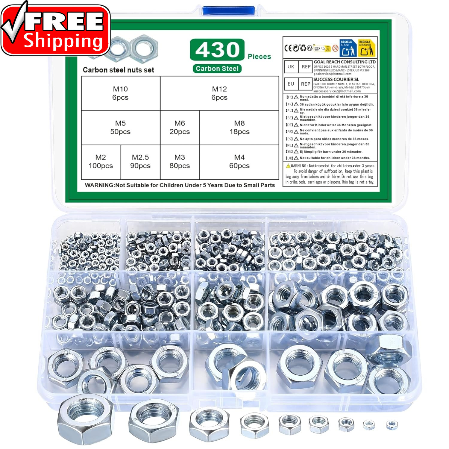 Metric Hex Nuts Assortment Kit, 430 Pcs Stainless Steel Hex Nuts Set, Hex Hardwa