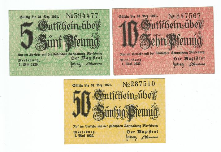 SET OF 3 GERMANY NOTGELD 5.10.50 PFENNIG MERSEBURG 1920 UNC
