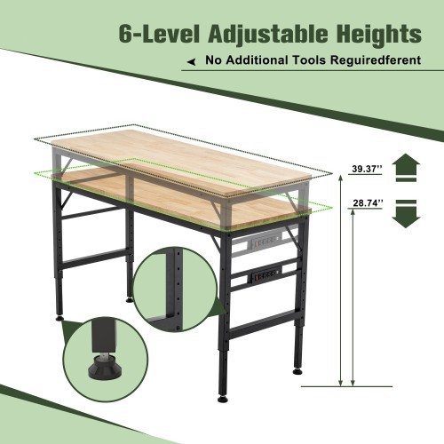 Adjustable Height Workbench 60"L Wood Top Work Bench Table w/ Power Outlets