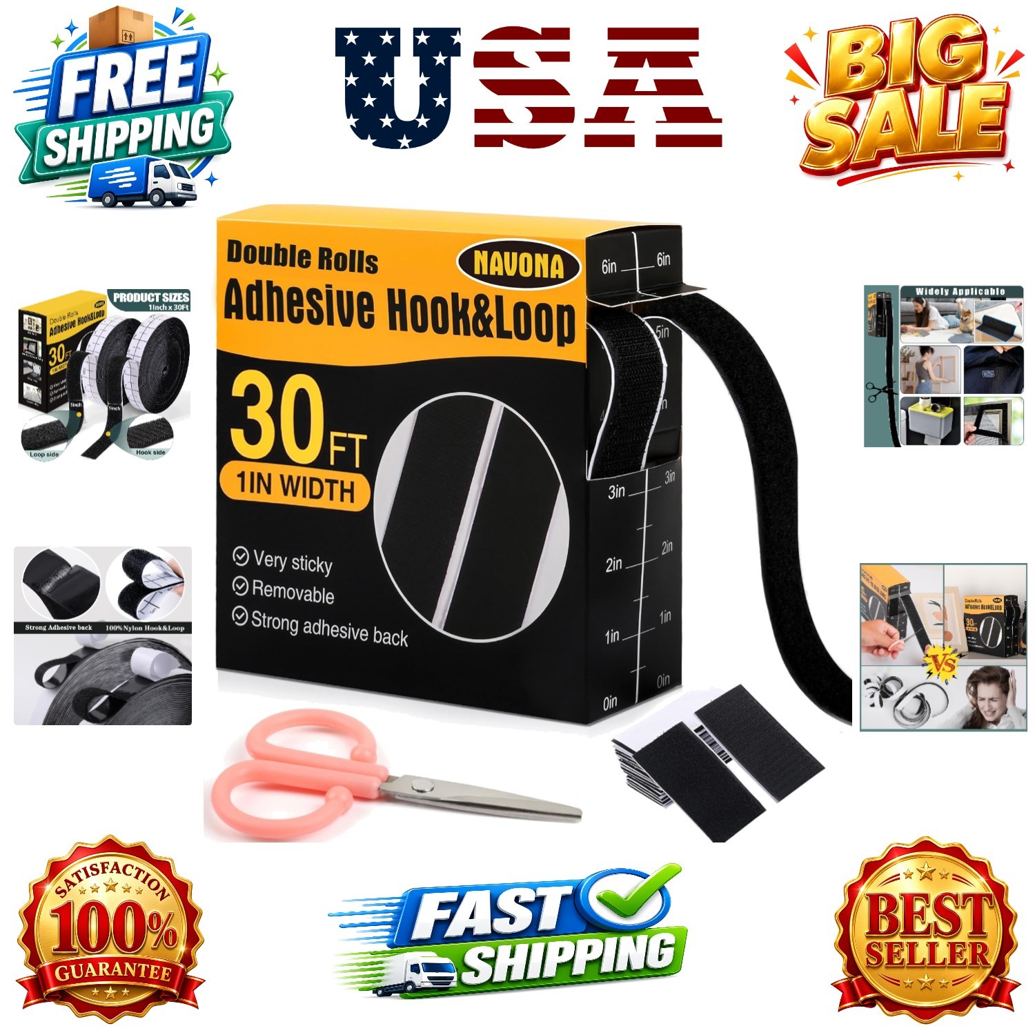 30Ft x 1 Inch Hook and Loop Strips with Adhesive, Heavy Duty Self Adhesive Ho...
