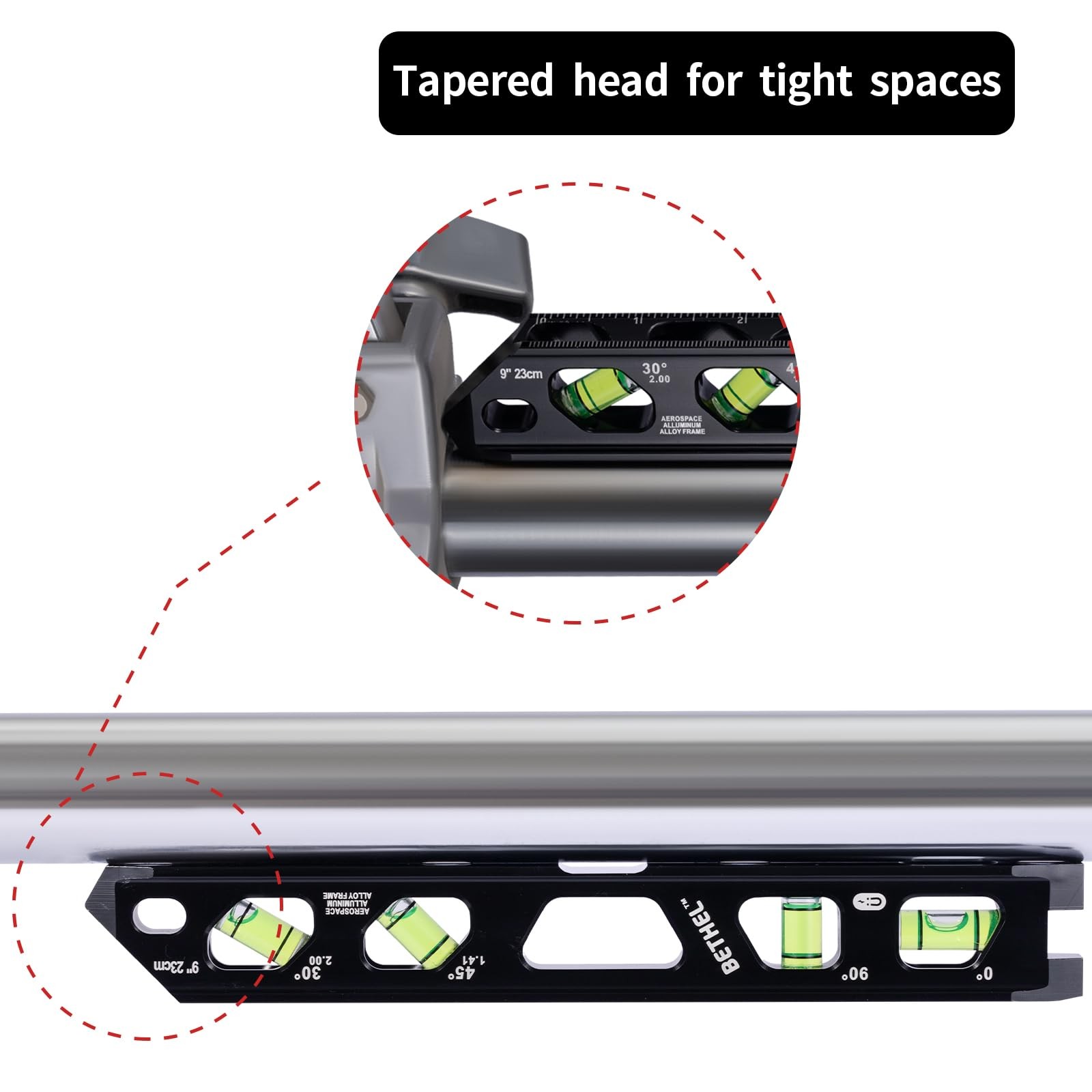 BETHEL 9 Inch Magnetic Torpedo Level with 4 Bubble Vials, V-Groove Black 9in