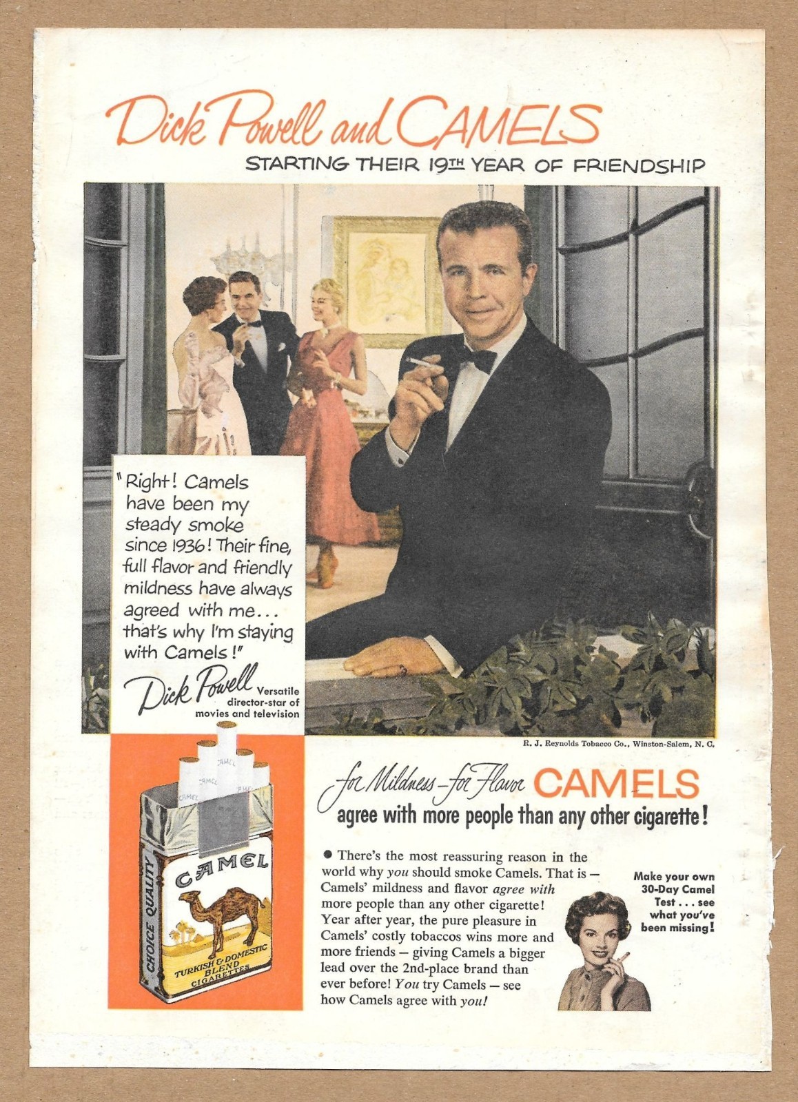 Vintage 1954 Camel Cigarettes Dick Powell Movie Star Original Magazine Print Ad
