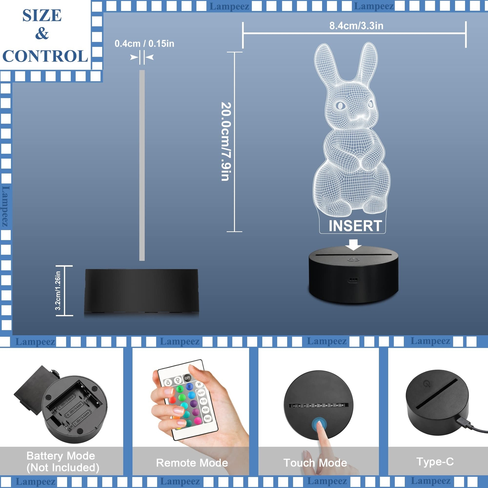 Lampeez 3D Rabbit Lamp Bunny Night Light 3D Illusion lamp for Kids, 16 Colors...