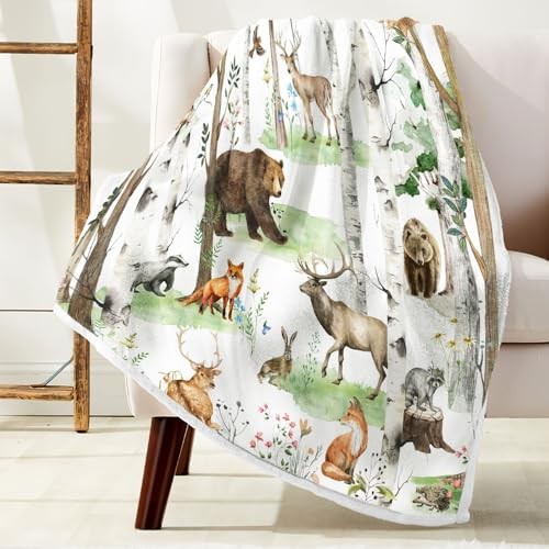 Rustic Forest Throw Blanket, Country Wild Animal Bear Deer 50" x 60" White