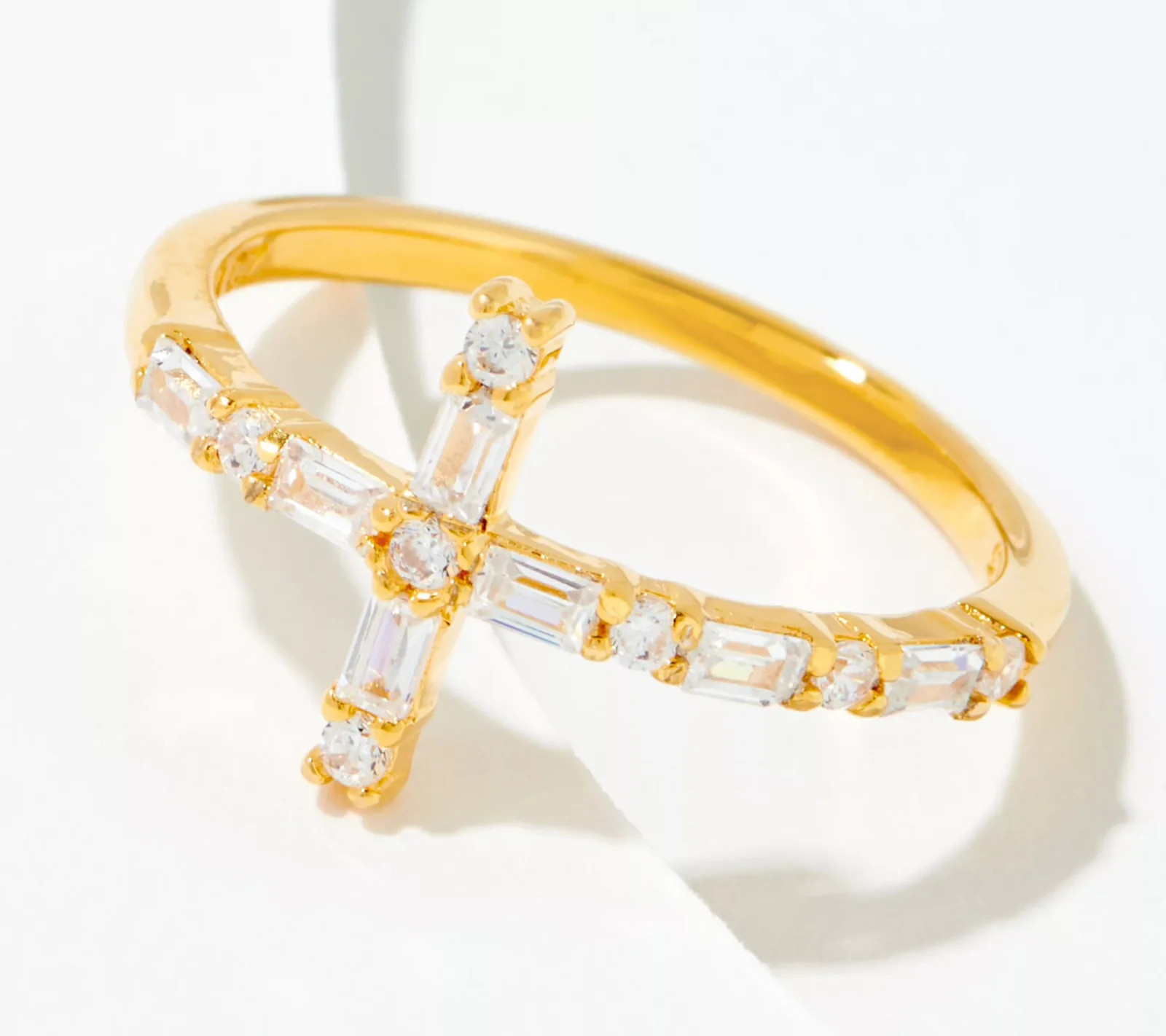 Diamonique x Courtney Khondabi SS Goldclad Round & Baguette Cross Ring, Size 8