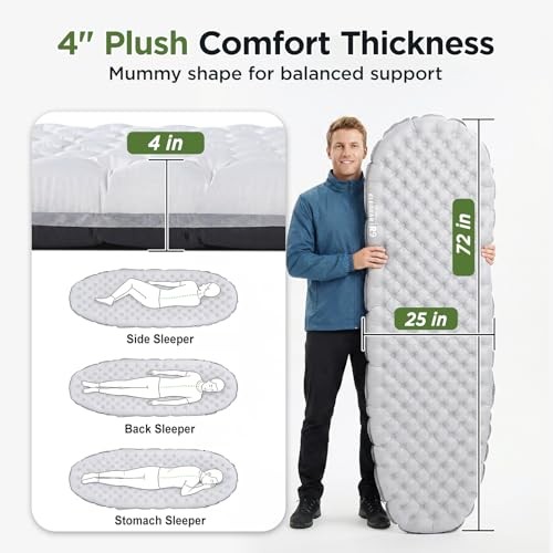 CumbreX Sleeping Pad for Camping with 9 R-Value, 4” Thick Regular Grey