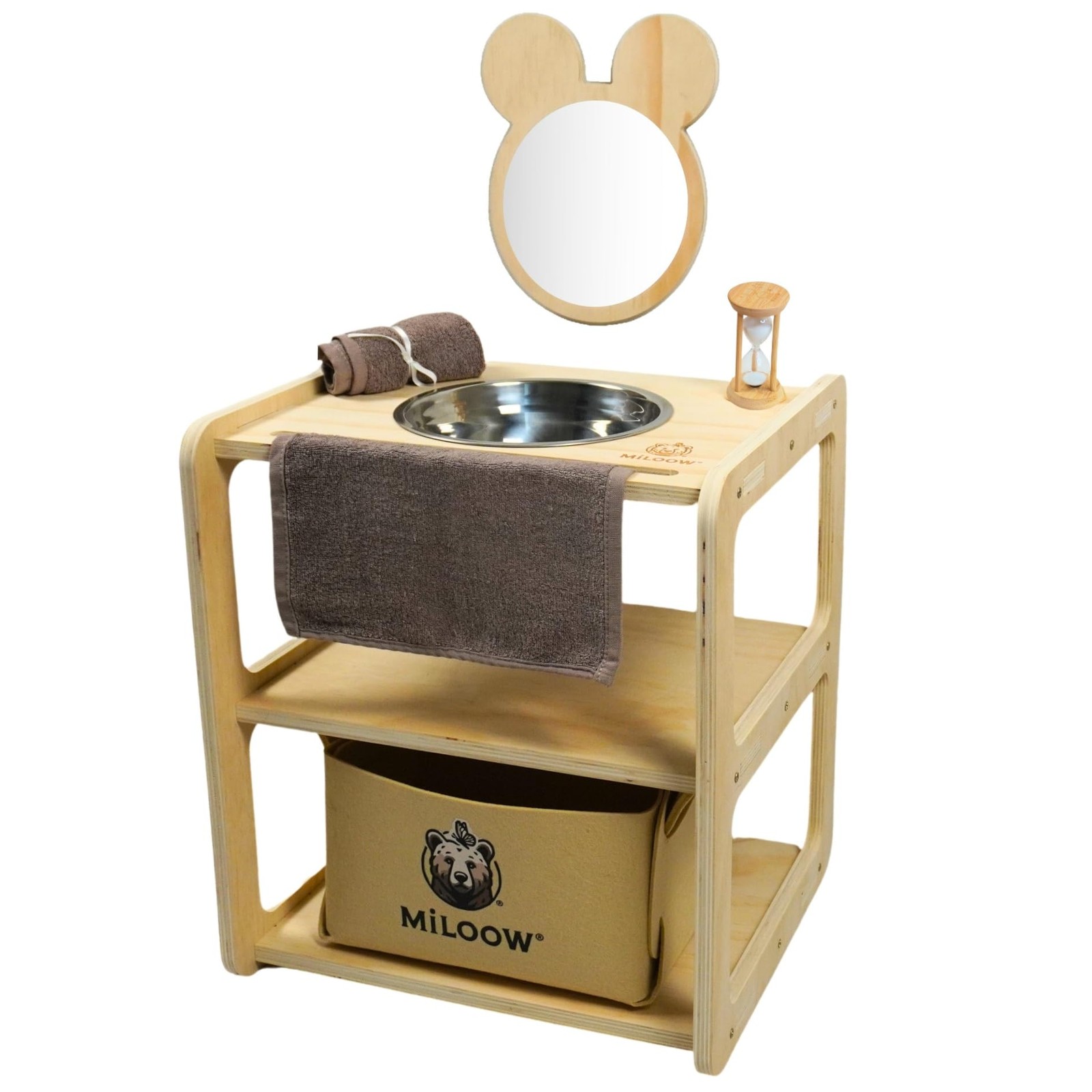 Montessori Wooden Kids Sink with Bear Mirror, Sand Timer, Towel & Storage Bas...
