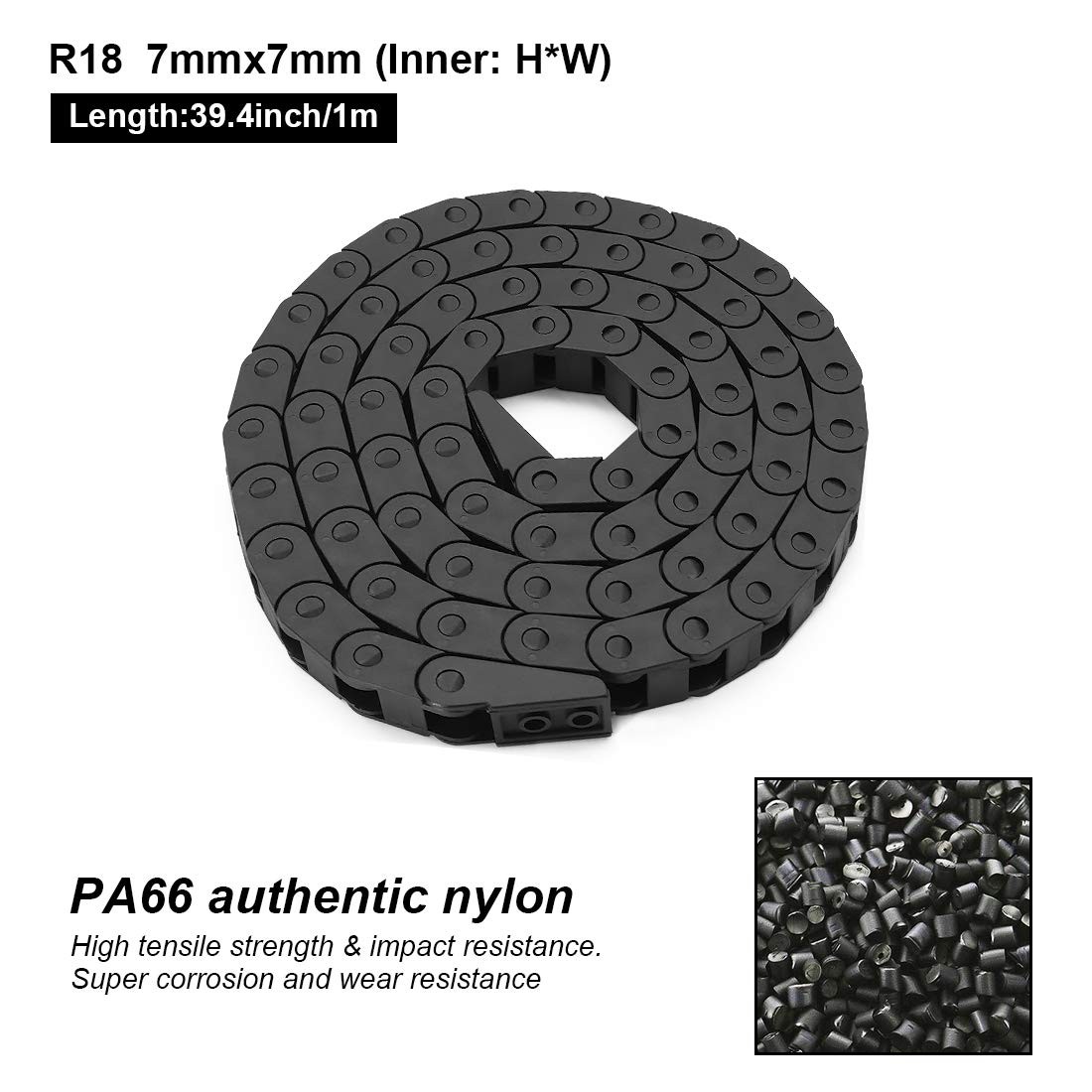 R18 7mm x 7mmInner H x Inner W Black Plastic Cable Wire Carrier Drag Chain 1M