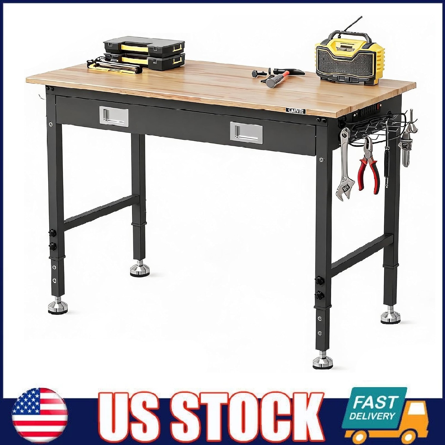48"x24" Adjustable Workbench Garage Work Table 2000LBS w/ Power Outlets & Drawer