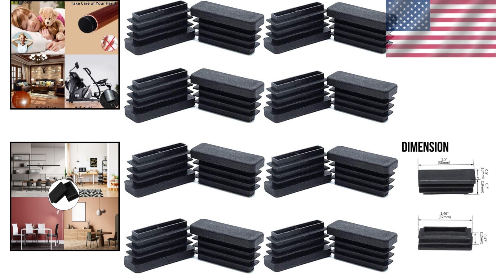 Durable 16-Pack Black Plastic Chair Glide Caps, 1/2" x 1 1/2" Rectangle Tubing