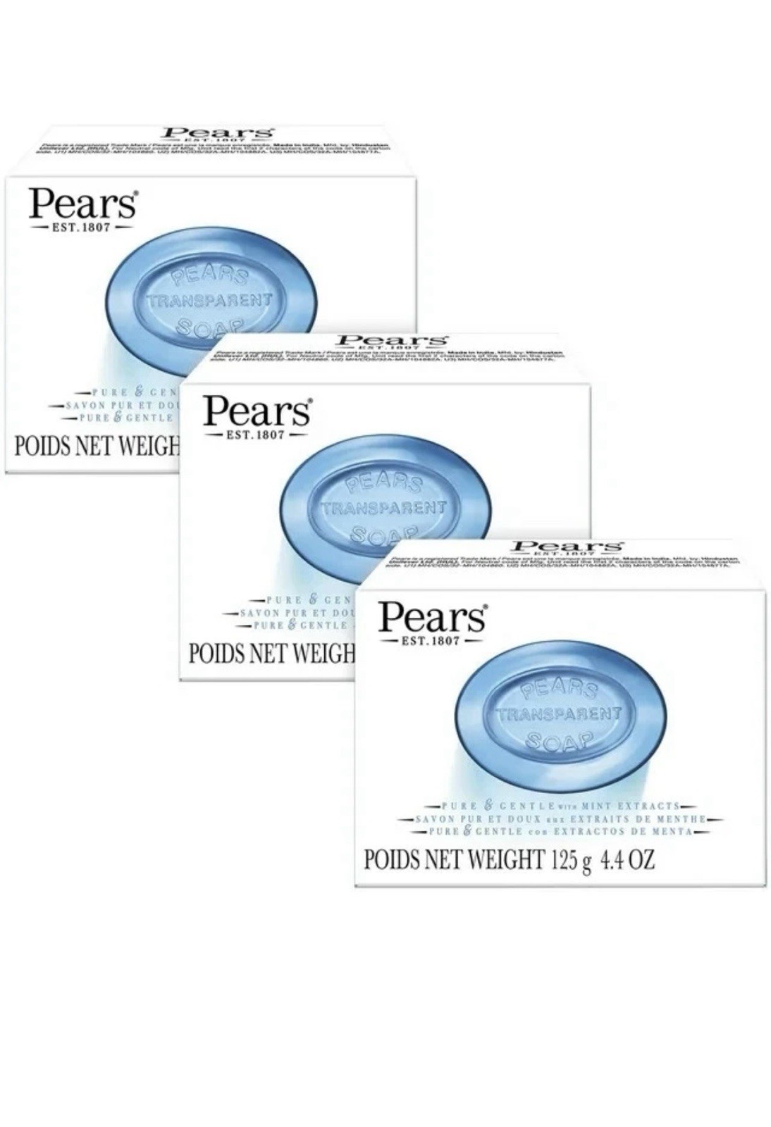 Pears Transparent Soap with Mint Extract 3 Pack Pure & Gentle Bar Soap 4.4oz