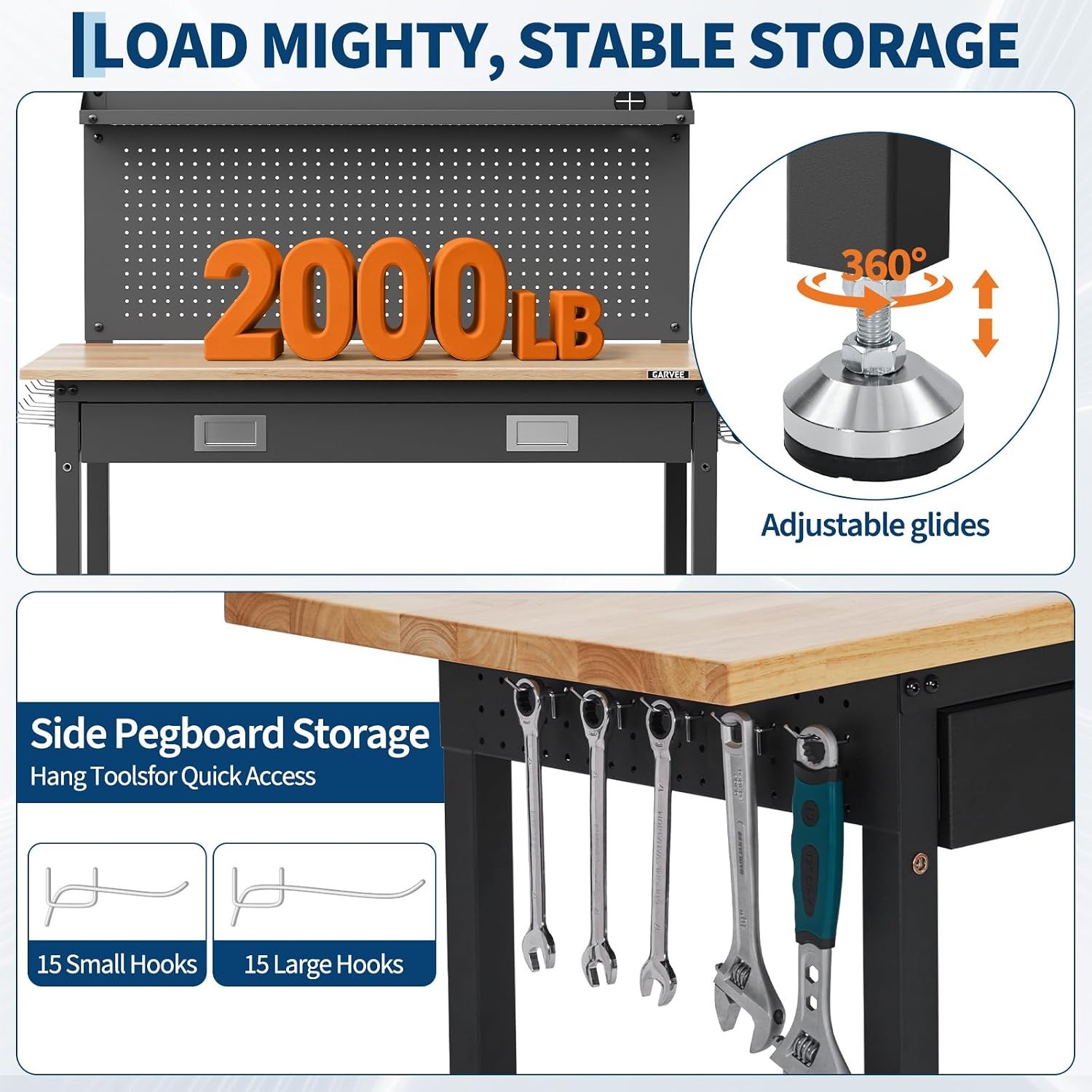 48"x 24"Workbench with Drawer,LED Light&Back Panel,6-Level Adjustable Height