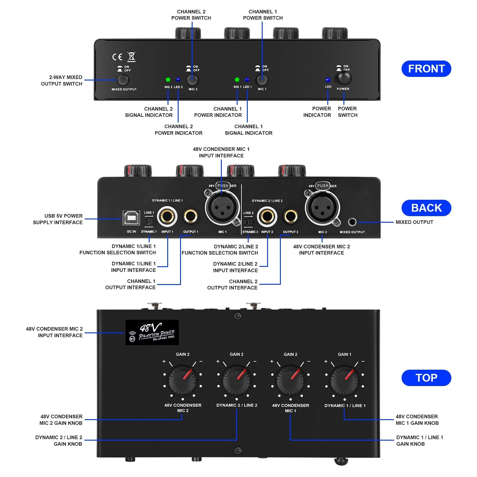 Microphone Preamp Mic Booster 4 Input Max 25db DI Box with 48V Phantom Power ...
