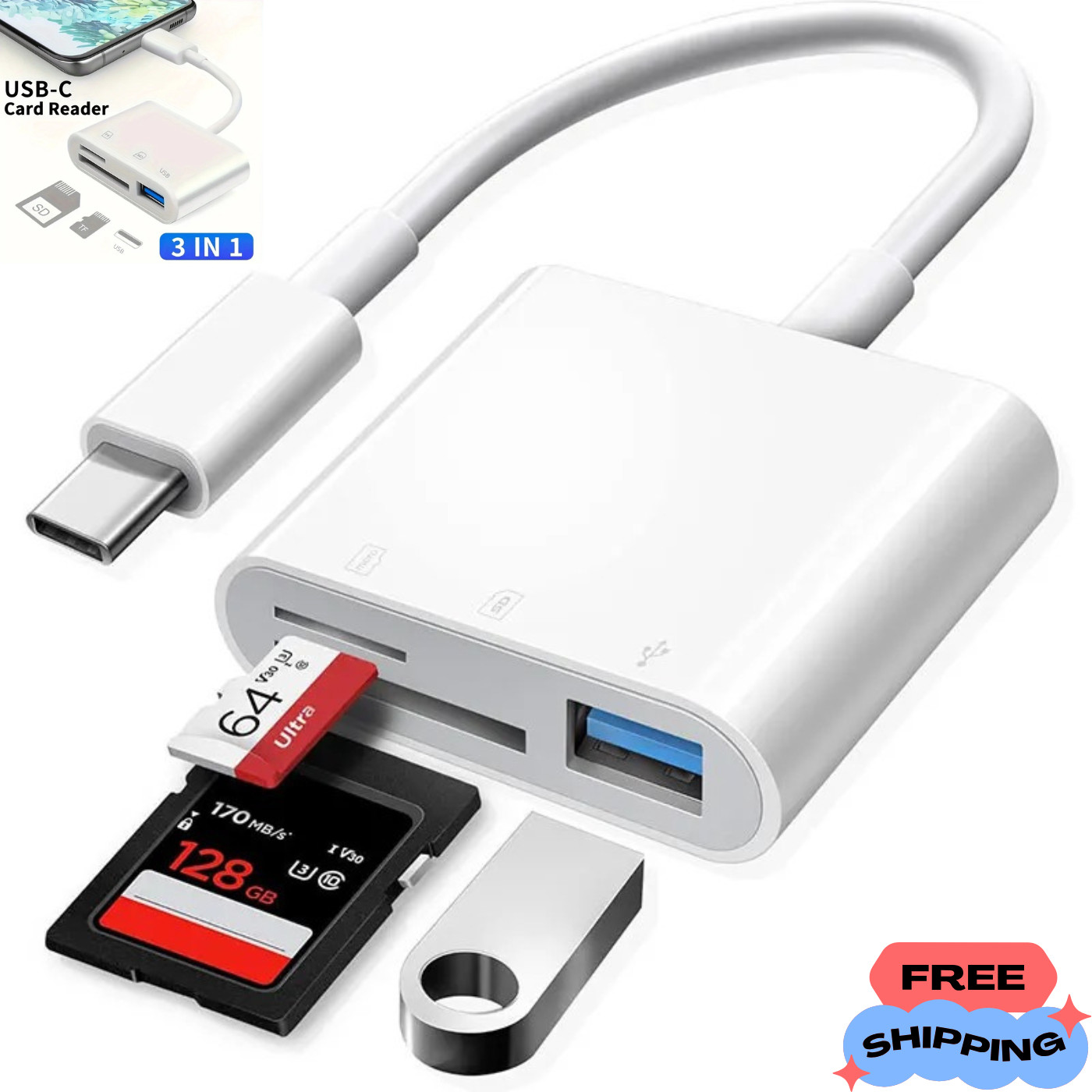 USB C to SD Card Reader, 3-in-1 Hub Converter, Micro SD TF Memory Type-C Adapter